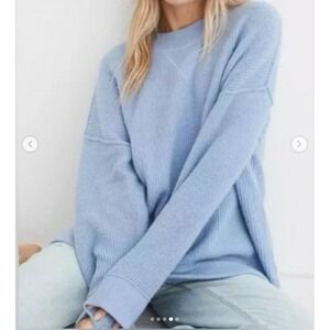 Aerie Womens Light Blue Ribbed Knit Oversized Crewneck Sweater‎ XS Cozy Pastel